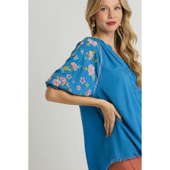 Umgee Half Button Embroidered Raglan Sleeves Raw Hem Smocked Blouse | Cerulean - Picture 2 of 5